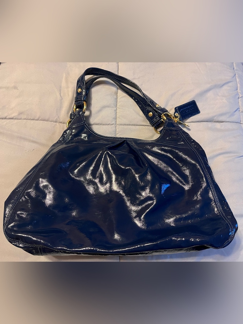 Coach Vintage Patent Navy Shoulder Bag with Gold Hardware